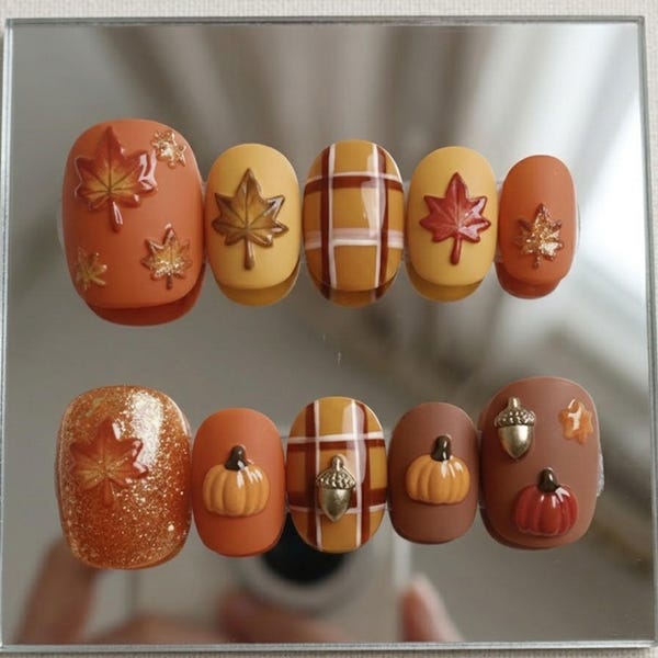Herbst Herbst Presse auf Nägel, Kürbis Ahornblatt Nagel-Set, karierte Ernte Nägel, Thanksgiving Nägel, gemütliche saisonale Nägel