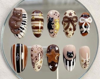 Cute Cat Piano Press On Nails, Brown Kawaii Nail Set, Music Notes 3D Nails, Coquette False Nails