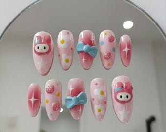 Pink My Melody Press On Nails Cute Bow Flower Kawaii Handmade Design Set Gift