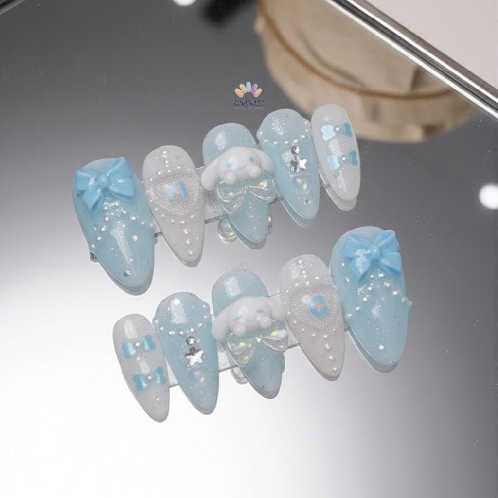 Pastel Blue Bow & Bunny Press On Nails - Cute 3D Pastel Nail Art