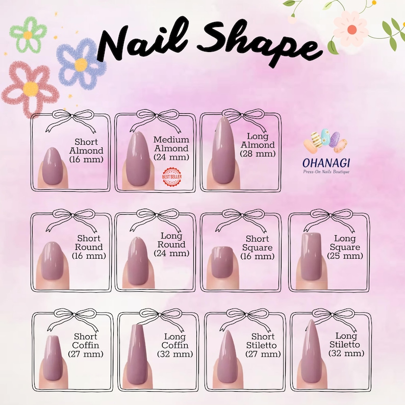 May include: A visual guide to various nail shapes, including almond, round, square, coffin, and stiletto. Each nail shape is shown with its length in millimeters, from 16 mm to 32 mm. The image features the text "Nail Shape".