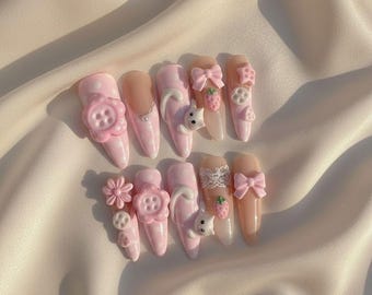 Handmade Kawaii Press On Nails with Pink Flowers Cat Charms Bows Strawberries and Cute Art