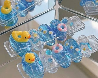 3D Summer Duck Press on Nails, Cute Blue Ocean Water Ripple Nails, Kawaii Jelly Nails Art, Pool Party Fake Nails, Handmade Glue on Nails