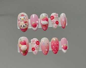 Kawaii Strawberry & Bear Press On Nails Pink Cute Fruit Designs, Perfect for Spring and Summer