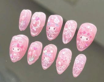Pink My Melody Press On Nails, Kawaii Anime Nail Set, Cute Heart Bow 3D Nails, Glossy Handmade Nails