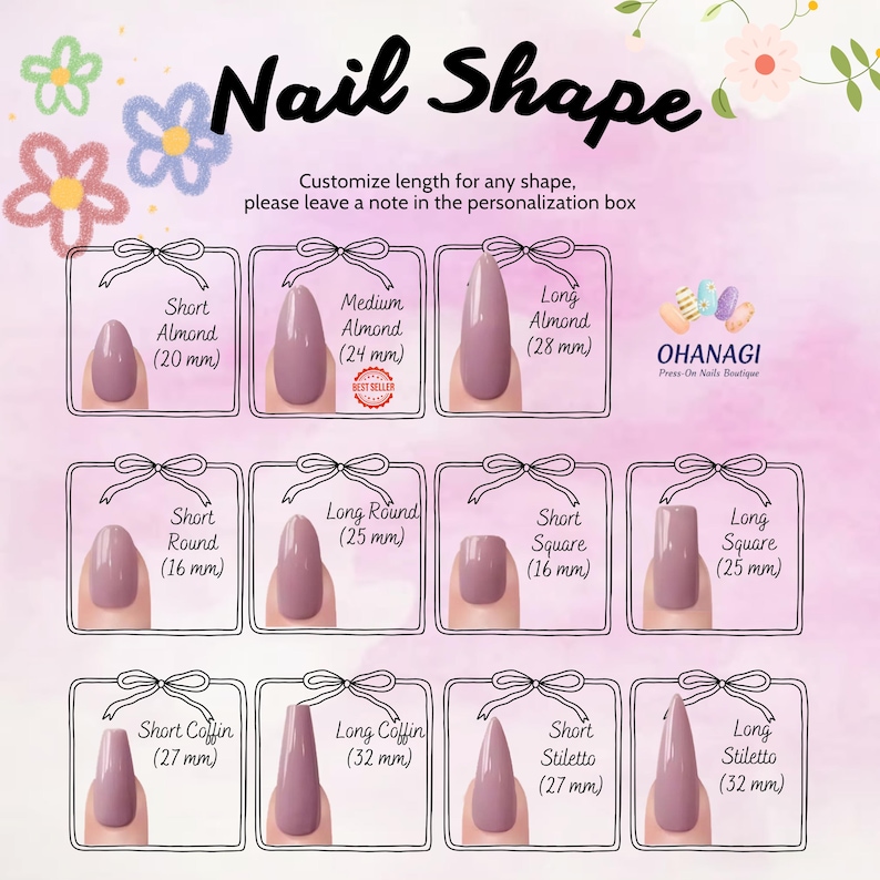 Puede incluir: Una gu&iacute;a de formas de u&ntilde;as, con ejemplos de Short Almond (20 mm), Medium Almond (24 mm), Long Almond (28 mm), Short Round (16 mm), Long Round (25 mm), Short Square (16 mm), Long Square (25 mm), Short Coffin (27 mm), Long Coffin (32 mm), Short Stiletto (27 mm) y Long Stiletto (32 mm).