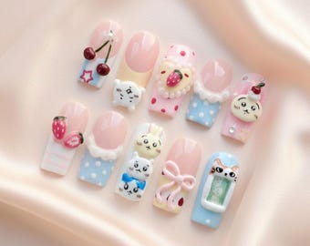 Handmade Kawaii Press On Nails with Cherries Strawberries Cute Animals Bows and Pastel Art