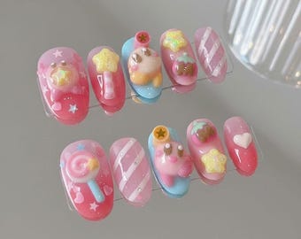 Candy Press On Nails Lollipop Star Kawaii Pink Cute Jelly Nail Art Set