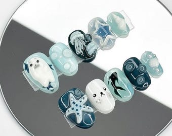 Handmade Ocean Cute Press On Nails | 3D Seal, Starfish, Jellyfish & Dolphin With Sea Bubble Art | Nails For Marine Vibe