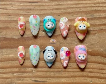 Déguisement de chat mignon fait main à presser sur les ongles | Ensemble d'oeuvres d'art 3D pastel pour chaton
