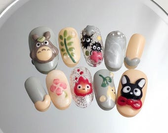Handmade Ghibli Forest Friends Press On Nails | 3D Totoro Jiji Calcifer Nail Set | Kawaii Pastel Studio Ghibli Anime Nails