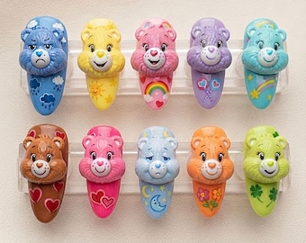 Uñas postizas de Ositos Cariñositos, Uñas de osos 3D, Uñas de dibujos animados Kawaii, Uñas arcoíris, Uñas de personajes adorables, Uñas postizas hechas a mano