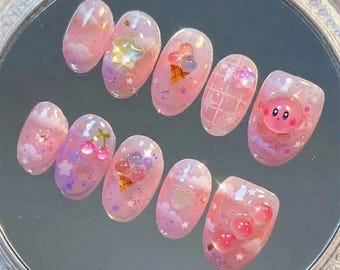 Handmade Kawaii Kirby Press On Nails | Pink Jelly Cloud Design | 3D Cherry & Ice Cream Pastel Nail Set