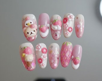 Adorable 3D Press On Nails with Strawberry & Ice Cream Designs - Cute Nail Art