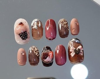 Cute Chocolate Strawberry Press On Nails, Pink Brown Sweet Dessert Nail Art Set