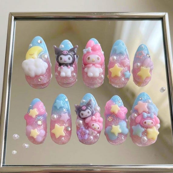 Kawaii Sanrio Press On Nails | My Melody Kuromi Nails | 3D Pastel Star Nails | Cute Japanese Nail Set