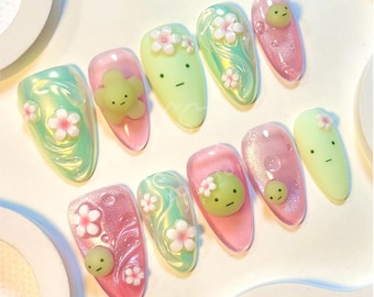 Handmade Spring Spirit Press On Nails | Pastel Green Pink Floral & Cute Character Design | Kawaii Fairycore Nail Set
