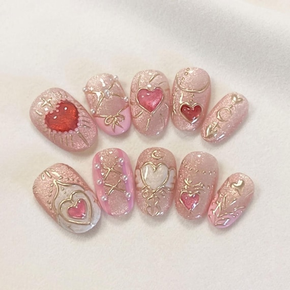 Pink Heart Press On Nails Glitter Gold Outline Romantic Nails Cute Nails