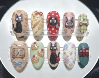 Uñas postizas hechas a mano con diseño de gato negro, panadería, pan, pastel, arte de uñas vintage con gato, set de uñas estilo cottagecore
