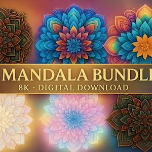 Può includere: Un'immagine digitale con sei disegni di mandala colorati. I mandala sono in tonalità di blu, arancione, verde e rosa. Il testo "45 MANDALA BUNDLE" è visualizzato in lettere dorate, con "8K • DIGITAL DOWNLOAD" sotto. Arte digitale.