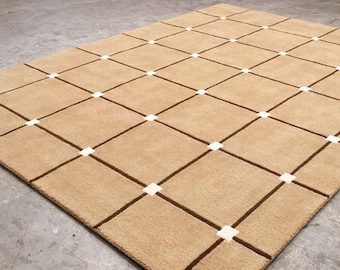 Beige Geometric Grid Area Rug, Modern Minimalist Living Room Carpet