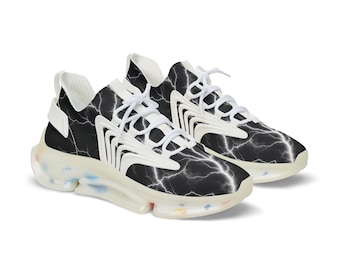 Black Lightning Pattern Men's Mesh Sneakers | Electric Storm Athletic Shoes