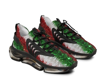 Red Green Tinsel Pattern Men's Mesh Sneakers | Holiday Christmas Athletic Shoes | Mens Sneakers