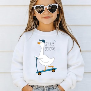 May include: White sweatshirt featuring a cartoon goose riding a blue scooter, with the text "Silly Goose". The sweatshirt is worn by a young girl wearing heart-shaped sunglasses. The words "Tiny Baby Love" are in the top right corner.