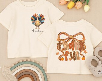 Custom Turkey Toddler Shirt, Bow Thankful Infant Shirt, Autumn Youth Tee, Personalized Thanksgiving Kids Outfit,Happy Thanksgiving Baby Gift