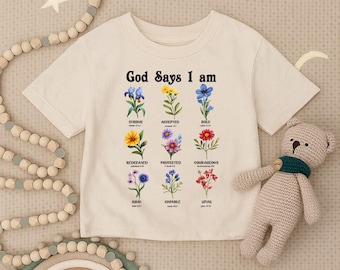 God zegt dat ik ben peutershirt, inspirerend babyshirt, christelijk jeugd-T-shirt, Faith-kinderoutfit, babycadeau bijbelvers, religieus kinder-T-shirt