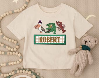 Personalized Cajun Toddler Shirt, Infant Louisiana Animal Tee, Youth Bayou Name Shirt, Custom Alligator Crawfish Outfit, Pelican Kids Shirt