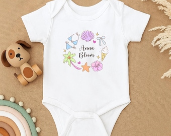 Body tropical personnalisé pour bébé, tenue de plage personnalisée pour bébé, cadeau de baby shower d'été, jolis vêtements de bébé côtiers, barboteuse bébé fille