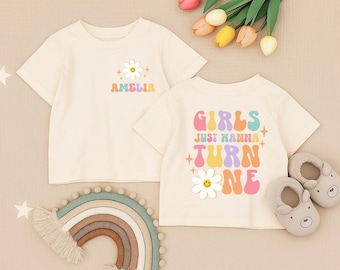 Custom Girls Just Wanna Turn One Infant Shirt,Personalized First Birthday Girl Outfit,Retro Daisy Toddler Tee,Groovy One Year Old Party Gift