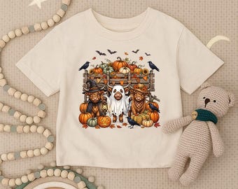 Halloween Highland Cow Toddler Shirt, Spooky Cow Kids T-shirt, Cute Ghost Cow Baby Tee, Pumpkin Cow Infant Outfit, Fall Farm Gift
