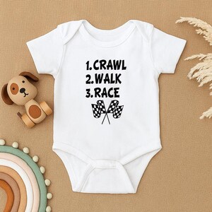 Racing Baby Bodysuit, Crawl Walk Race Baby Romper, Funny Baby Boy Outfit, Baby Shower Gift for Boys, Car Theme Baby Clothes, Race Fan Baby