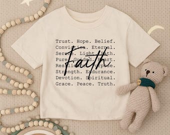 Geloof religieus peutershirt, inspirerend christelijk babyshirt, spiritueel jeugdshirt, bijbelvers babykleding, religieuze kraamcadeau