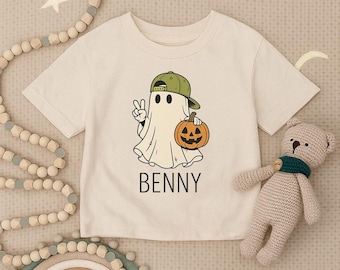 Camiseta infantil personalizada com fantasma, camiseta infantil personalizada com nome para Halloween, camiseta infantil fofa de abóbora, roupa infantil engraçada de outono, presente de Halloween para bebês