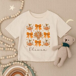 Custom Thanksgiving Pumpkin Bow Toddler Shirt, Personalized Fall Infant Shirt, Pumpkin Youth Tee, Autumn Kids Outfit, Thanksgiving Baby Gift