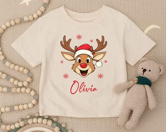 Personalized Reindeer Toddler Shirt, Custom Christmas Infant Shirt, Cute Holiday Rudolph Youth Tee, Festive Kids Outfit, Christmas Baby Gift