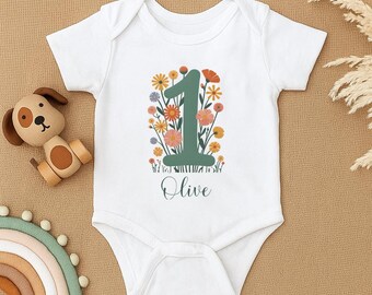 Custom First Birthday Baby Bodysuit, Personalized Name Baby Outfit, Floral Number One Baby Girl Birthday Clothes, First Birthday Baby Gift