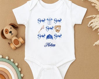 Game Day Baby Bodysuit, Personalized Sports Baby Outfit, Custom Blue Bow Romper, Baby Shower Gift,Football Baby Clothes,Team Spirit Babywear