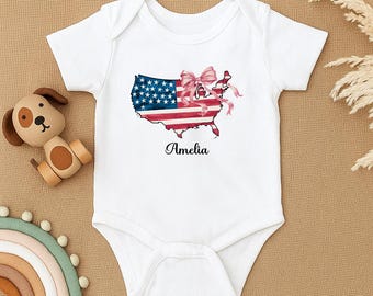 Personalized USA Baby Bodysuit, 4th of July Baby Outfit, Baby Girl Patriotic Clothes, Custom Name Baby Shower Gift,American Flag Baby Romper