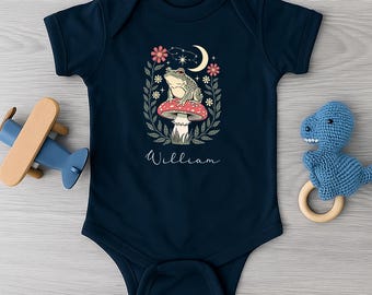 Custom Frog Baby Bodysuit, Personalized Toadstool Baby Outfit, Woodland Baby Clothes, Cute Baby Shower Gift, Moon and Nature Baby Romper