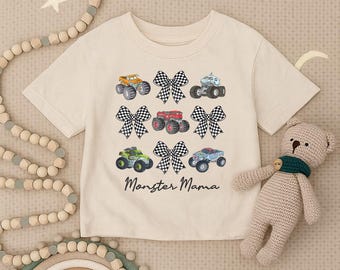 Monster Truck Toddler Shirt, Monster Mama Infant Shirt, Racing Bow Youth Tee, Custom Kids Tee,Baby Boy Girl Truck Outfit,Checkered Baby Gift