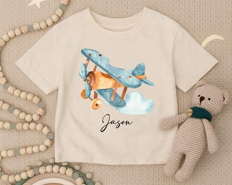 Personalized Airplane Toddler Shirt, Vintage Plane Infant Shirt, Cute Pilot Kids Shirt, Travel Baby Outfit, Custom Boy Birthday Gift Tee
