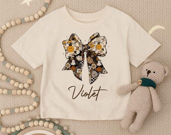 Aangepaste strik peutershirt, schattige smiley babyshirt, gepersonaliseerde kindershirt outfit, herfst babyshirt meisjes, trendy glimlach peuter outfit T-shirt
