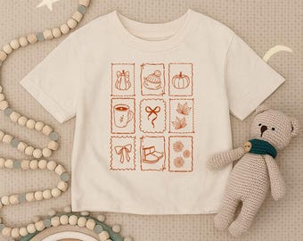 Fall Aesthetic Icons Toddler Shirt, Autumn Pumpkin Spice Infant Shirt, Cozy Latte Youth Tee, Cute Fall Kids Outfit, Thanksgiving Baby Gift