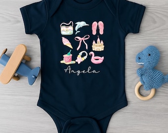 Custom Beach Baby Romper with Name, Personalized Summer Icons Baby Bodysuit, Beach Theme Newborn Shower Gift, Cute Baby Girl Outfit