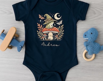 Frog Baby Bodysuit, Witch Hat Mushroom Baby Romper, Custom Name Baby Outfit, Woodland Baby Clothes, Baby Shower Gift, Forest Animal Babywear