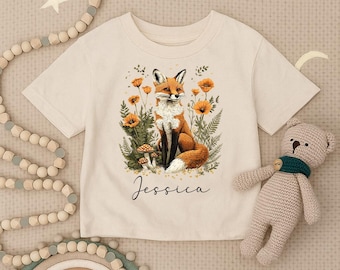 Personalized Fox Toddler Shirt, Custom Woodland Infant Shirt, Cute Floral Fox Youth Tee, Fox Woodland Kids Outfit, Fall Animal Baby Gift Tee